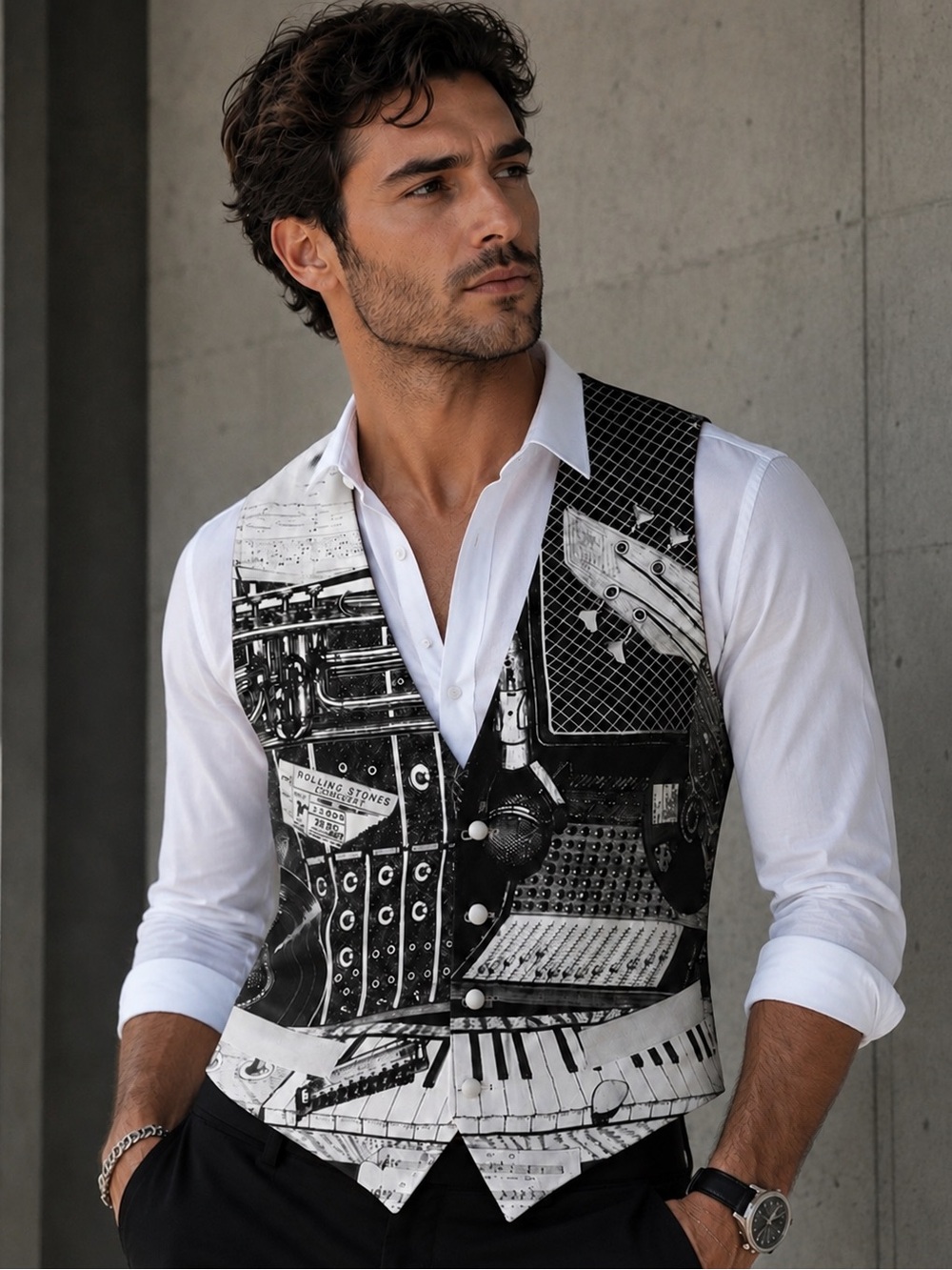 FORNASETTI Black & White Musical Silk Print Vest